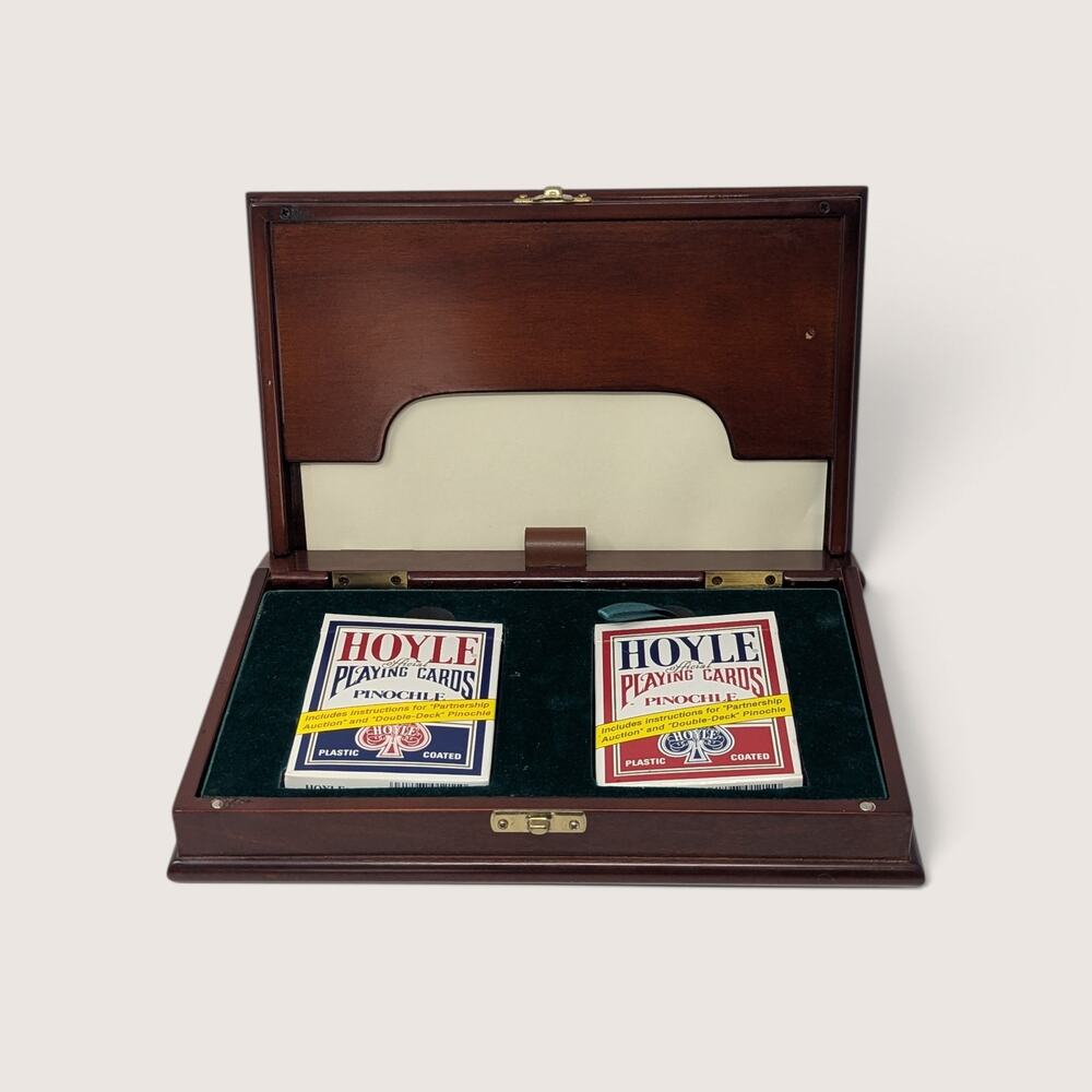 Vintage Wooden Pinochle Card Box Hoyle Playing Cards Game Set